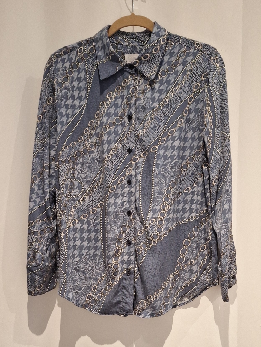 Chico's Slate Blue Button Up Shirt With Mixed Media Print